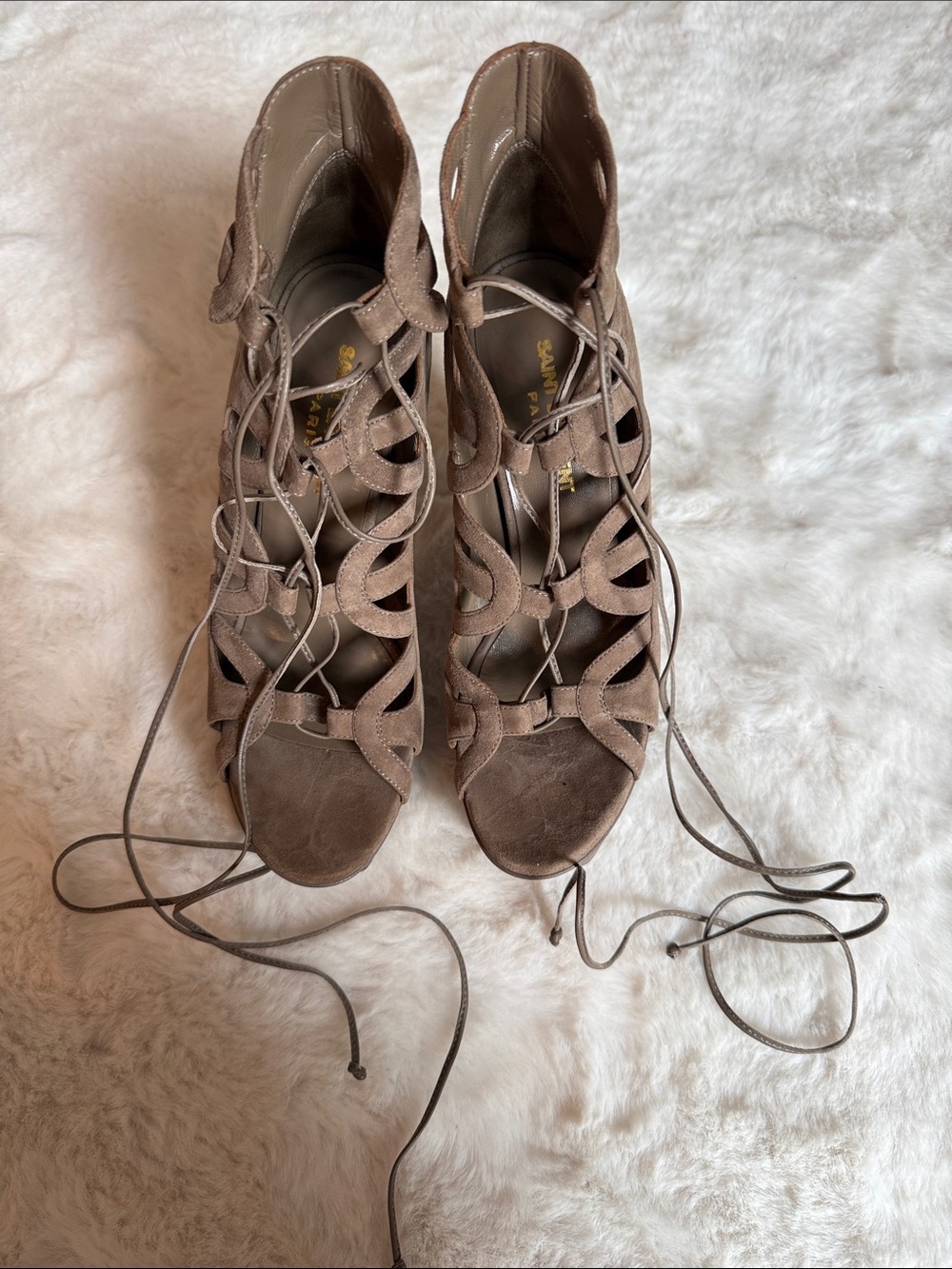 Saint Laurent Taupe Suede Lace-Up Cutout Stiletto Heels